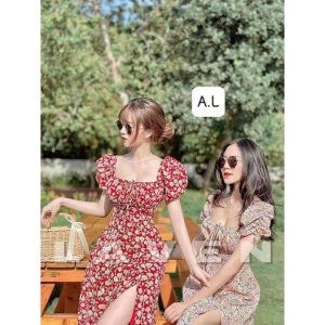 Váy hoa nhí xẻ tà siêu quyến rũ thanh lịch dáng dài (kèm ảnh thật )-5