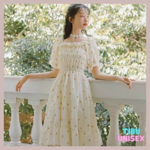 Váy nữ trễ vai hoa nhí phong cách vintage bánh bèo, Đầm tiểu thư ulzzang dáng xòe dự tiệc tiểu thư-2