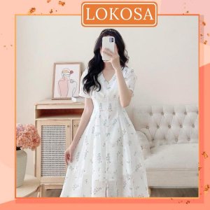 Đầm Dự Tiệc LOKOSA Váy Hoa Nhí Nữ Vải Voan Dáng Dài Thiết Kế Hàn Quốc cao cấp, đi chơi công sở VD047-6