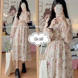 Váy Hoa ulzzang dáng dài cúc bọc voan tơ Quảng Châu Đầm hoa nhí vintage dáng dài-2