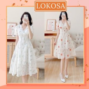 Đầm Hoa Nhí Vintage LOKOSA Váy ngắn Công sở Nữ Ôm Body dáng dài xòe đi dự tiệc cưới Hàn Quốc Cao Cấp VD047-1