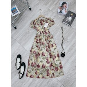 Váy xòe hoa gấm lụa mặc 2 kiểu đầm trễ vai nữ đi chơi cao cấp DN617-8
