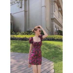 [Sieu Hot] Váy Hoa Hồng Body Cổ Vuông, Đầm Hoa Dáng Ôm Siêu Xinh Có Ảnh Thật Kèm Video-3