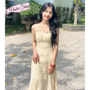 Set váy hoa nhí cổ yếm dáng dài kèm áo khoác cardigan croptop Ulzzang HABII V02-8