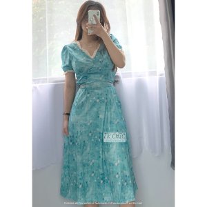 Đầm váy nữ hoa nhí dáng dài hai kiểu thắt eo cổ viền ren tiểu thư màu xanh cốm-7