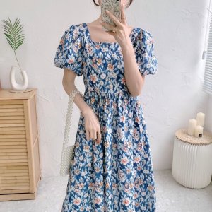 váy hoa vitage, đầm babydoll cổ vuông buộc nơ sau phong cách hàn quốc-2