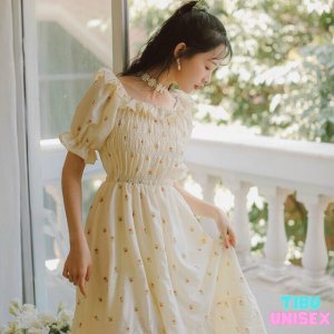 Váy nữ trễ vai hoa nhí phong cách vintage bánh bèo, Đầm tiểu thư ulzzang dáng xòe dự tiệc tiểu thư-3