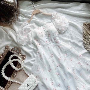[Mã 44FASHIONSALE626 giảm 10K đơn 50K] Váy hoa trắng nút bọc(Sẵn tại shop )-5