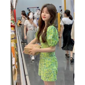 Váy Hoa Xanh Khuy Bọc Tay Phồng Siêu Xinh Có Ảnh Thật Kèm Video-4