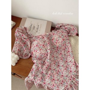 Váy hoa nhí cúp ngực cổ vuông tay phồng dáng xoè ngắn tiểu thư vintage xixeoshop - v110-4