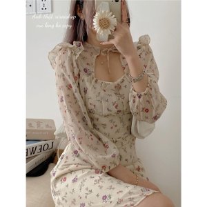 Váy hoa nhí voan, đầm nơ cổ khoét ngực dáng xoè Hàn Quốc xixeoshop - v85-8