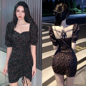 Váy dáng ôm tay ngắn cổ vuông in hoa thời trang phong cách Hàn Quốc-8