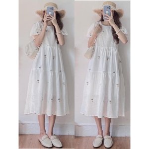 Váy babydoll trắng hoa cúc thắt dây eo 2 mẫu / Đầm suông hoa nhí cộc tay (Ảnh thật ở cuối)-7