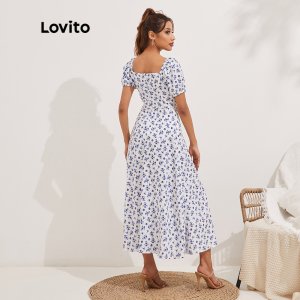 Váy Lovito họa tiết hoa phối dây buộc cổ vuông xẻ sâu kiểu dáng không đồng đều L13X002 (màu xanh lam)-6