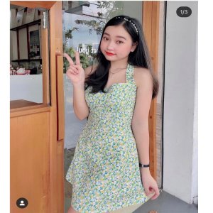 Set váy cổ yếm đầm midi hoa nhí xanh kèm áo khoác cardigan sang chảnh đi chơi du lịch-9