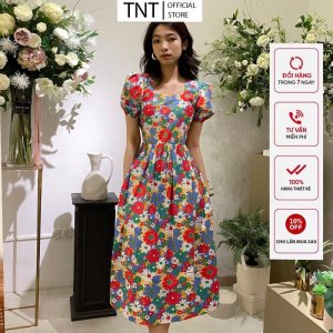 váy hoa vitage, đầm babydoll cổ vuông buộc nơ sau phong cách hàn quốc-7