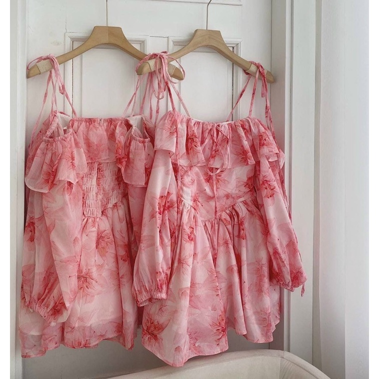 [Hàng đặt trước] Váy hoa 2s trễ vai, vai cách điệu bèo, có độ phồng xoè [MS1]-6