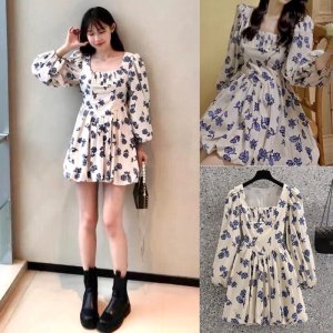 Đầm váy hoa xanh dài tay cổ vuông dúm viền ngực tôn dáng xòe bồng siêu xinh-4