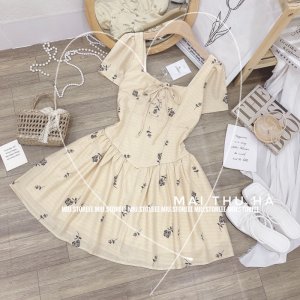 [ẢNH THẬT] VÁY HOA CỔ VUÔNG RÚT DÂY NGỰC DÁNG XOÈ HÀNG HAI LỚP-4