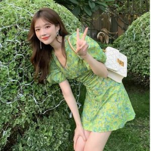 Váy đầm hoa xanh cổ V cúc bọc hàng đẹp V132-3