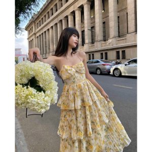 Váy hoa nhí đuôi cá nhún eo họa tiết hoa vàng tay phồng cách điệu dáng dài dự tiệc,công sở xinh đẹp XUKA DRESS DT038-2
