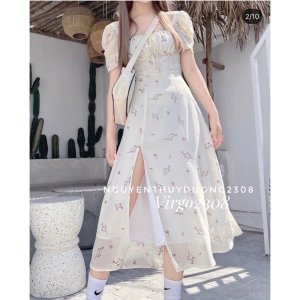 [Ảnh thật/Sẵn]Váy hoa nhúm ngực xẻ tà tay bồng/Đầm hoa Wedding dress-7