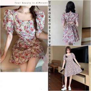VÁY HOA NHÍ TAY BỒNG CỔ VUÔNG THẮT NƠ LƯNG HỒNG TÍM - VÁY HOA TÍM TIỂU THƯ-3