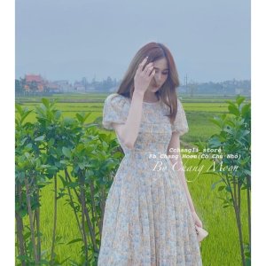 Váy hoa li tơ nổi tay bồng(2 lớp)-2