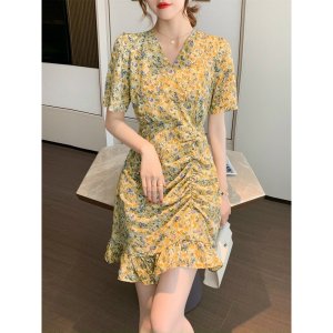 BONUCCI Đầm váy vàng hoa cổ V tôn dáng cho nàng thời trang nữ dạo phố dự tiệc-3