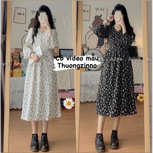 [Ảnh thật/Video] Váy hoa Hàn Quốc kiểu vintage dáng dài loại đep chất lụa hàn hai lớp-3