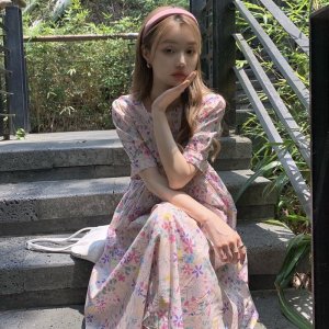 Váy hoa nhí vintage dáng dài đi biển, đầm hoa nhí babydoll cộc tay ulzzang có bigsize GOROGI-8