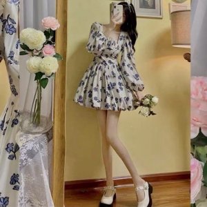 Đầm váy hoa xanh dài tay cổ vuông dúm viền ngực tôn dáng xòe bồng siêu xinh-3