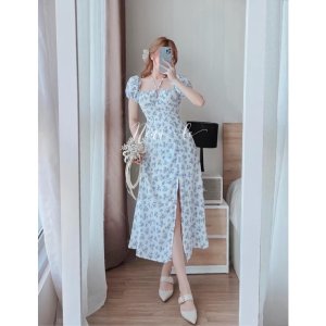 [Ảnh thật/Video] Váy đầm hoa xanh dúm ngực xẻ tà chun vai tiểu thư chất cực đẹp V124-2