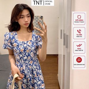 váy hoa vitage, đầm babydoll cổ vuông buộc nơ sau phong cách hàn quốc-4