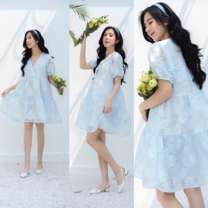 Váy Organza Ren Hoa Cổ V Phom Suông Dễ Mặc Vải Ren Hoa Nổi Xinh Vô Cùng-3