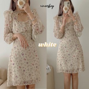 Váy hoa nhí voan, đầm nơ cổ khoét ngực dáng xoè Hàn Quốc xixeoshop - v85-4