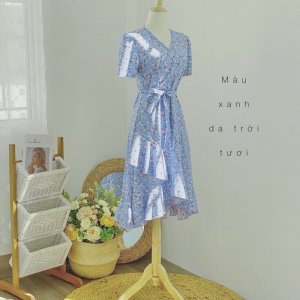 Váy hoa nhí vintage tùng bèo 2 tầng xéo-2