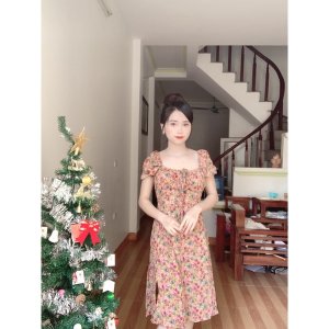 (Hàng chuẩn) Váy hoa cổ V rút dây chun eo có mút ngực (ảnh thật)-9