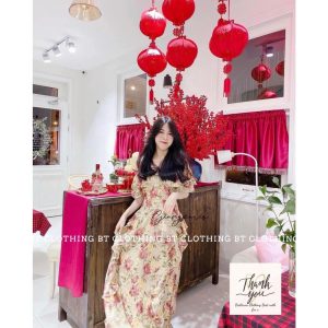 Váy xòe hoa gấm lụa mặc 2 kiểu đầm trễ vai nữ đi chơi cao cấp DN617-4