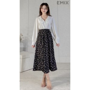 Chân váy nữ hoa nhí hoa đen EMIX (màu đen), ulzzang, dáng dài, cạp chun, vải lụa mềm, co giãn, 1 lớp nhưng không lộ-3