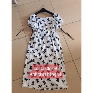 Váy Đầm Cotton Bồng Nơ Dài Họa Tiết Nơ Xinh Xắn Cho Nữ-3