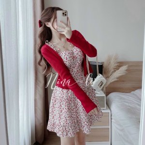 Set váy 2 món váy hoa 2 dây khóa lưng kèm áo khoác thun gân, Váy 2 dây hoa xếp ly ngực siêu xinh-2