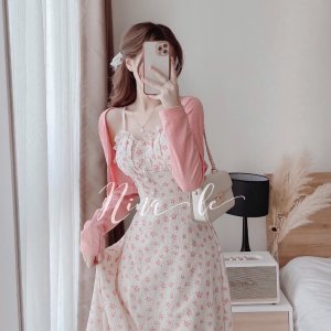 (Sẵn Vàng Hồng) Sét Váy Hai Dây Hoa Nhí Kèm Áo Khoác Cardigan Siêu Đẹp (Ảnh thật ở cuối)-5