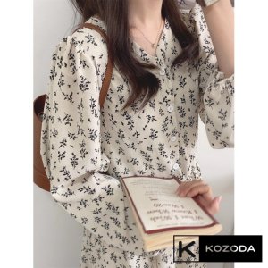 Váy babydoll dáng dài đầm hoa nhí trắng đen hàn quốc dài tay vintage tiểu thư đẹp kozoda D9-8