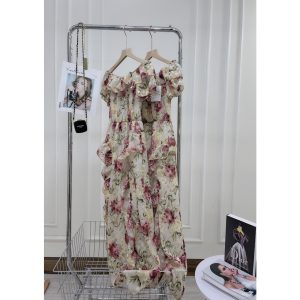 Váy xòe hoa gấm lụa mặc 2 kiểu đầm trễ vai nữ đi chơi cao cấp DN617-5
