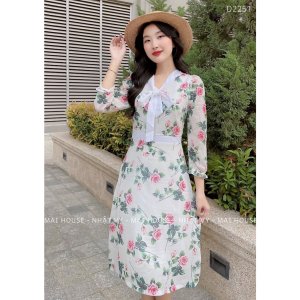 Đầm Nữ NHẬT VY Hoa Dáng Ôm Phối Nơ Cổ Chất Voan Công Sở, Đi Tiệc - D2251-3