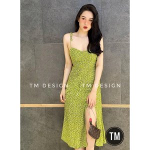 Váy Hoa Hai Dây Màu Xanh Cốm ,Xẻ Vạt Tiểu Thư-1