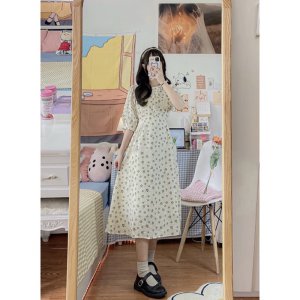 Đầm trắng hoa nhí cỏ 4 lá may mắn body cổ cúc dọc tay ngắn ulzzang , Váy nữ vintage thiết kế dự tiệc-5