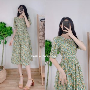 Váy hoa nhí nhún eo che khuyết điểm vintage EVA_V18-2