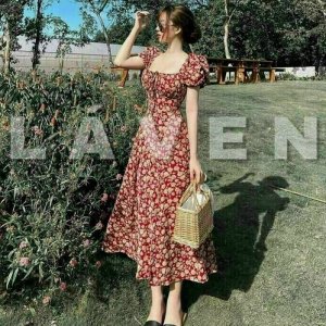 Váy hoa đỏ vintage xẻ tà có miếng lót ngực free size dưới 55kg vừa kèm hình thật-1